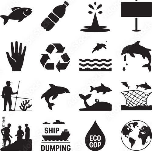 Environmental pollution and conservation icons in silhouette fish plastic bottle