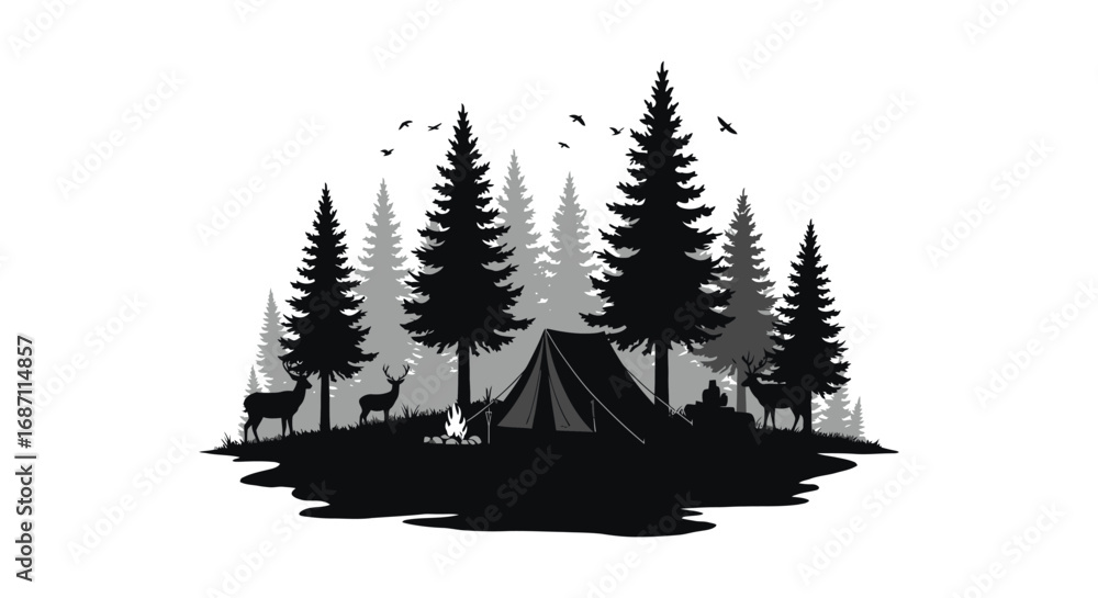 Fototapeta premium a serene forest scene with tent campfire and wildlife