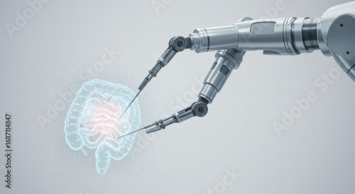 High-tech robotic surgery concept featuring mechanical arms performing a precise operation on a glowing digital intestine