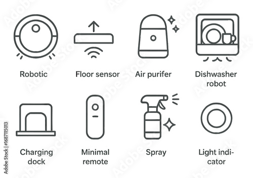 Smart home devices: robotic vacuum, air purifier, dishwasher robot, floor sensor tech