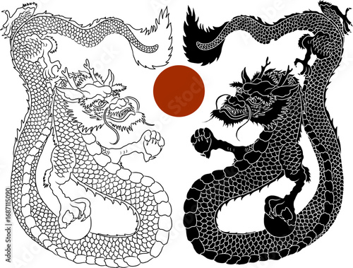Japanese red dragon tattoo.Dragon on red background for Chinese New Year.Gold Chinese Dragon vector.Gold line art King Dragon tattoo.cartoon vector for t-shirt.Elements for coloring book or sticker.