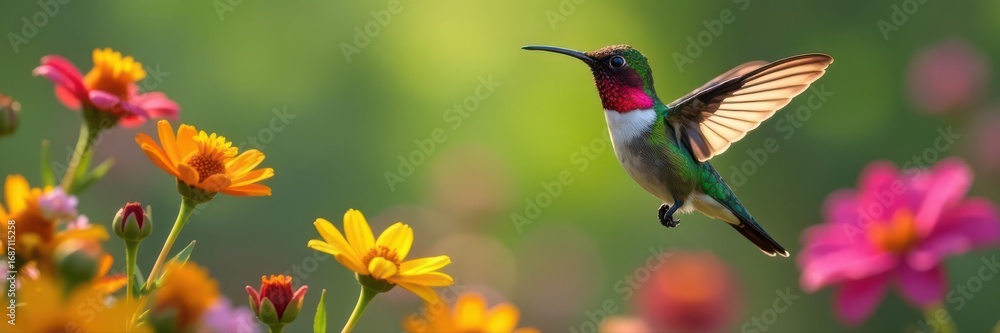 Fototapeta premium Vibrant hummingbird amidst blooming wildflowers, delicate, bright
