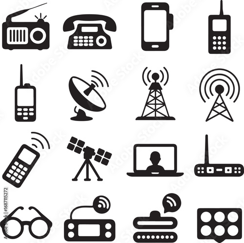 Communication technology and devices icons in silhouette radio telephone