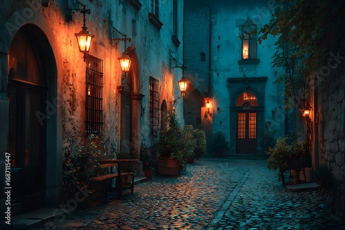 Fototapeta Naklejka Na Ścianę i Meble -  Explore the enchanting streets of italy at night with glowing street lamps