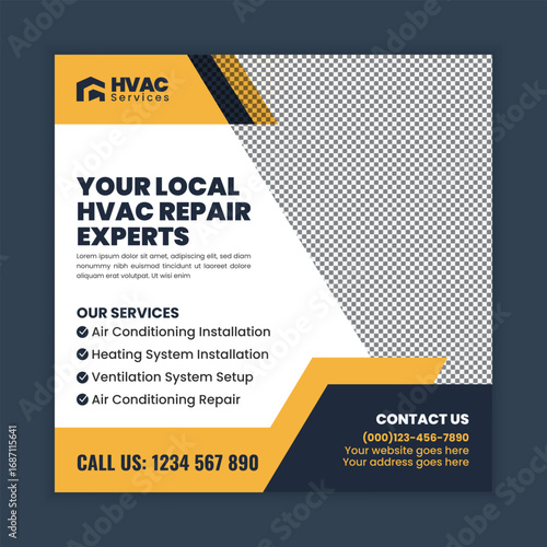HVAC Repair Service, Air Conditioning Maintenance, Heating and Cooling System Web Banner and Social Media Post Template
