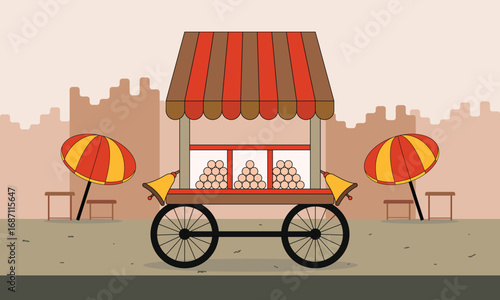 Asian Pani Puri Hand Push Snack Stall Truck City Landscape Vector Illustration