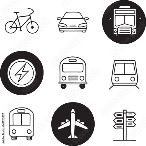 Icons of transportation modes and energy symbol