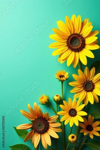 Vibrant sunflowers & daisies against teal backdrop, floral, details, summer