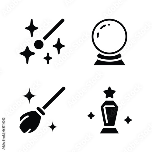 Black silhouette icons of magic wand broom crystal ball and trophy on white background vector