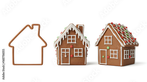 Gingerbread house outline next to two decorated gingerbread houses isolated on white background