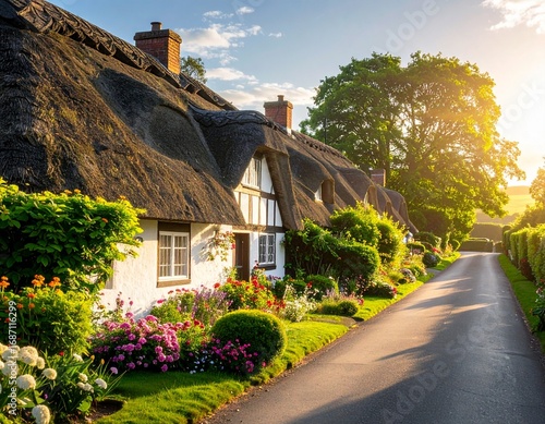 Charming English countryside cottage with thatched roof, blooming flower garden and golden sunset light along a peaceful rural lane, idyllic traditional village scenery perfect for travel, heritage an