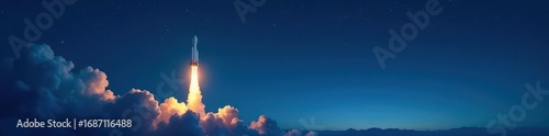 White rocket ascending against a dark blue night sky, stars visible , cosmos, technology