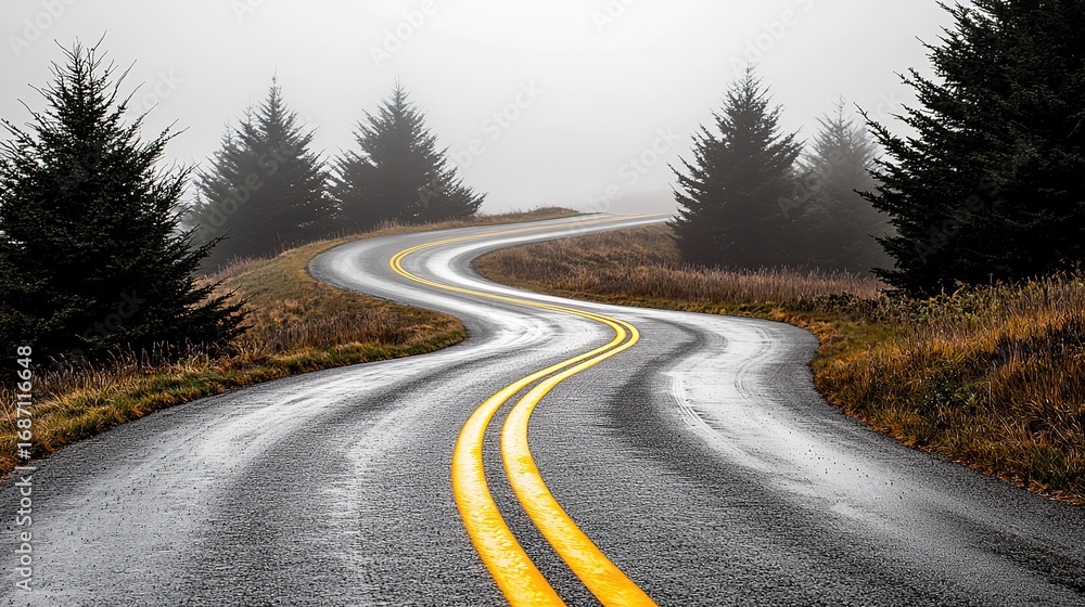 Naklejka premium Winding Mountain Road in Maine, Foggy Rainy Pine Trees, Gray Sky Neutral Tone Product Photography
