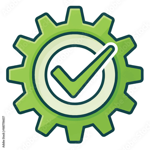 Green Gear with Checkmark:  Successful Process, Efficiency, and Completion Icon