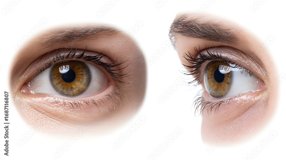 Naklejka premium Close up of a womans brown eyes, one facing forward and one in profile, isolated on white background