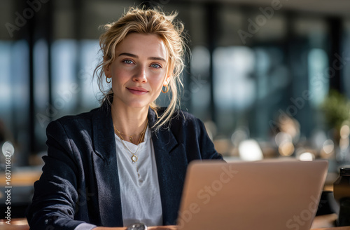 Young businesswoman working on laptop in office, confident professional woman with digital device at workplace - young businesswoman working on laptop