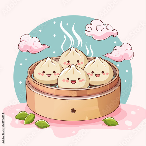 Cute cartoon illustration of steaming dumplings in a bamboo steamer basket with smiling faces and pink clouds.