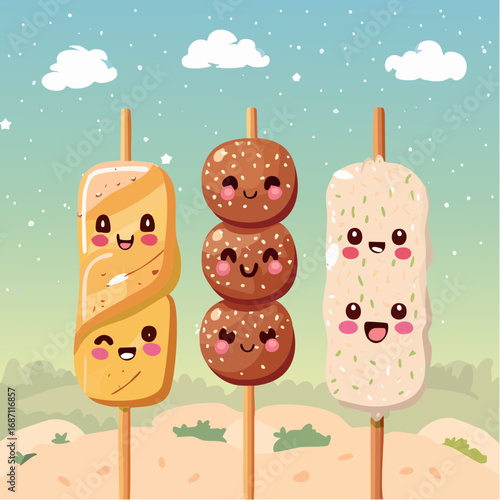 Three cute cartoon food skewers on a beach.