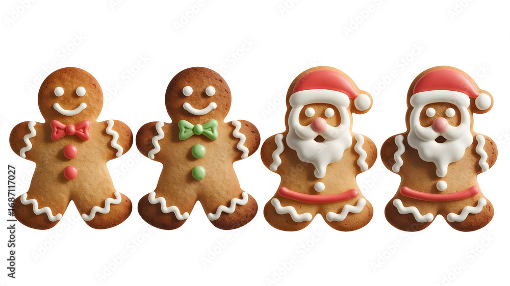 Fototapeta premium Four festive gingerbread cookies, two gingerbread men and two santa claus figures, isolated on white background