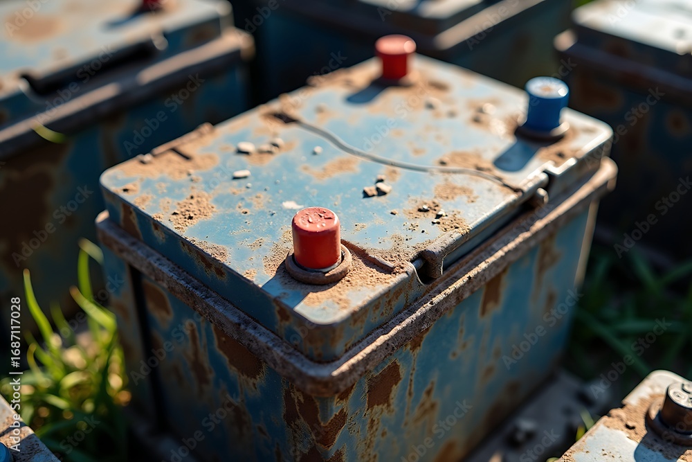 Obraz premium Old car battery recycling and disposal service rusted battery terminal maintenance and replacement guide tips tricks