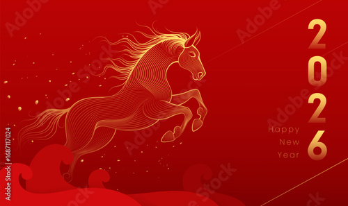 Red horizontal New Year poster of the Year of the Horse Linear art horse