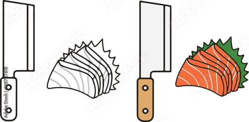 Vector Japanese Cuisine Knife and Sashimi Slices Illustration