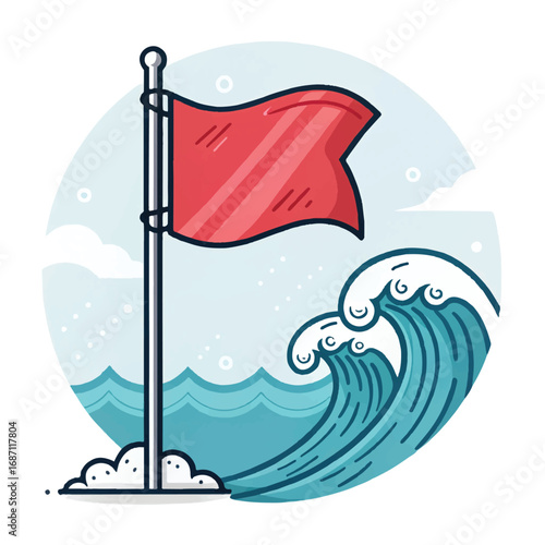 Red Flag Warning: Urgent Alert Amidst Imminent Stormy Seas; Vector Illustration