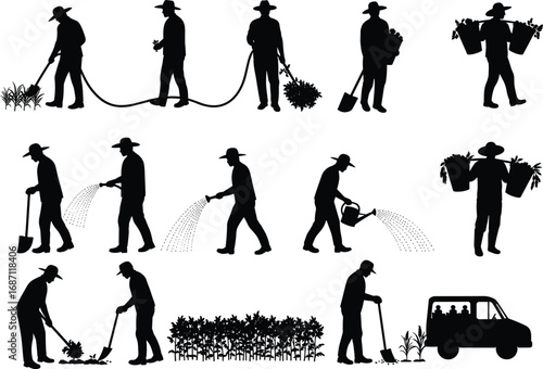 Silhouette farmers working, planting crops, watering plants, harvesting produce, carrying baskets, gardening tools, rural agriculture, farm vehicle illustration