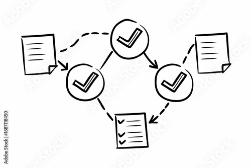 Vector hand drawn doodle sketch of quality control and assurance procedures isolated on white background