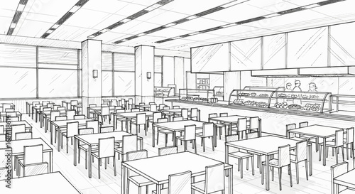 Architectural sketch of a modern cafeteria interior with tables and chairs