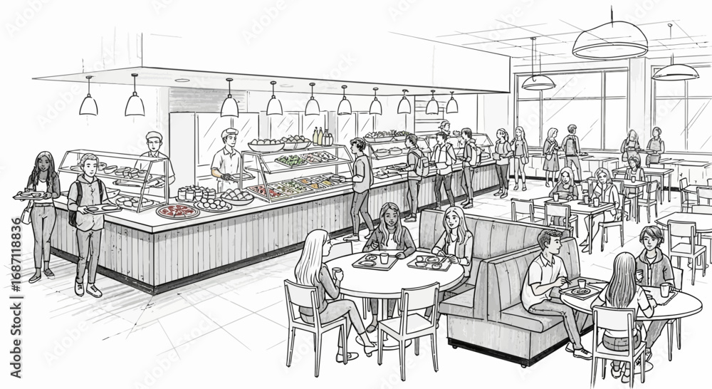 Obraz premium Busy college cafeteria sketch showing students lunching and socializing