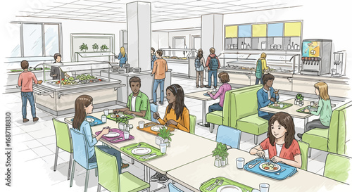 Cartoon drawing of people in cafeteria, eating lunch together, modern design