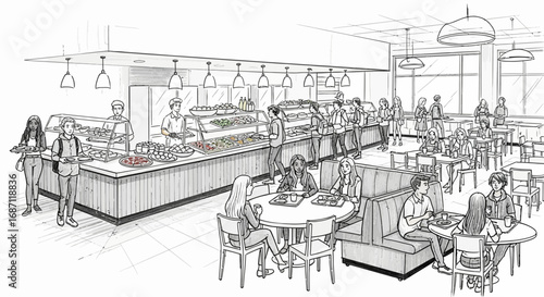 Busy college cafeteria sketch showing students lunching and socializing