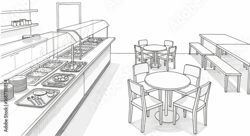 Cartoon Style Cafeteria Interior with Food Service Station and Seating Area