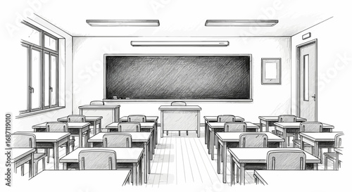 Classic classroom sketch with chalkboard, desks, and natural light ambiance