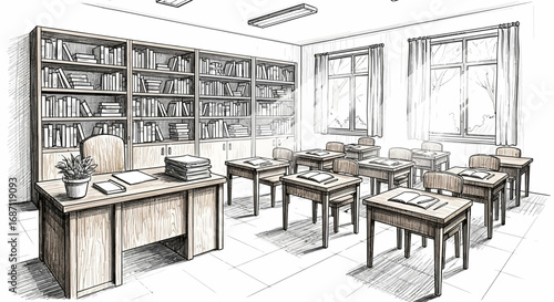 Classroom interior illustration of a school classroom with desks and books