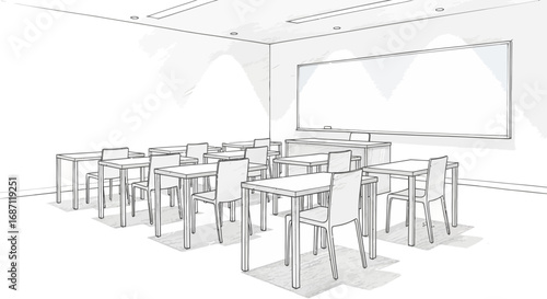 Classroom sketch showcasing the learning environment with desks and chairs