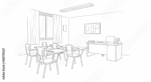 Classroom sketch, featuring student desks and teacher's workspace scene