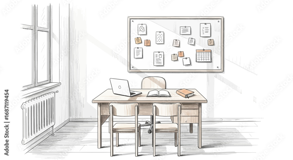 Fototapeta premium Cozy study room with a desk, laptop, open book, and a notice board