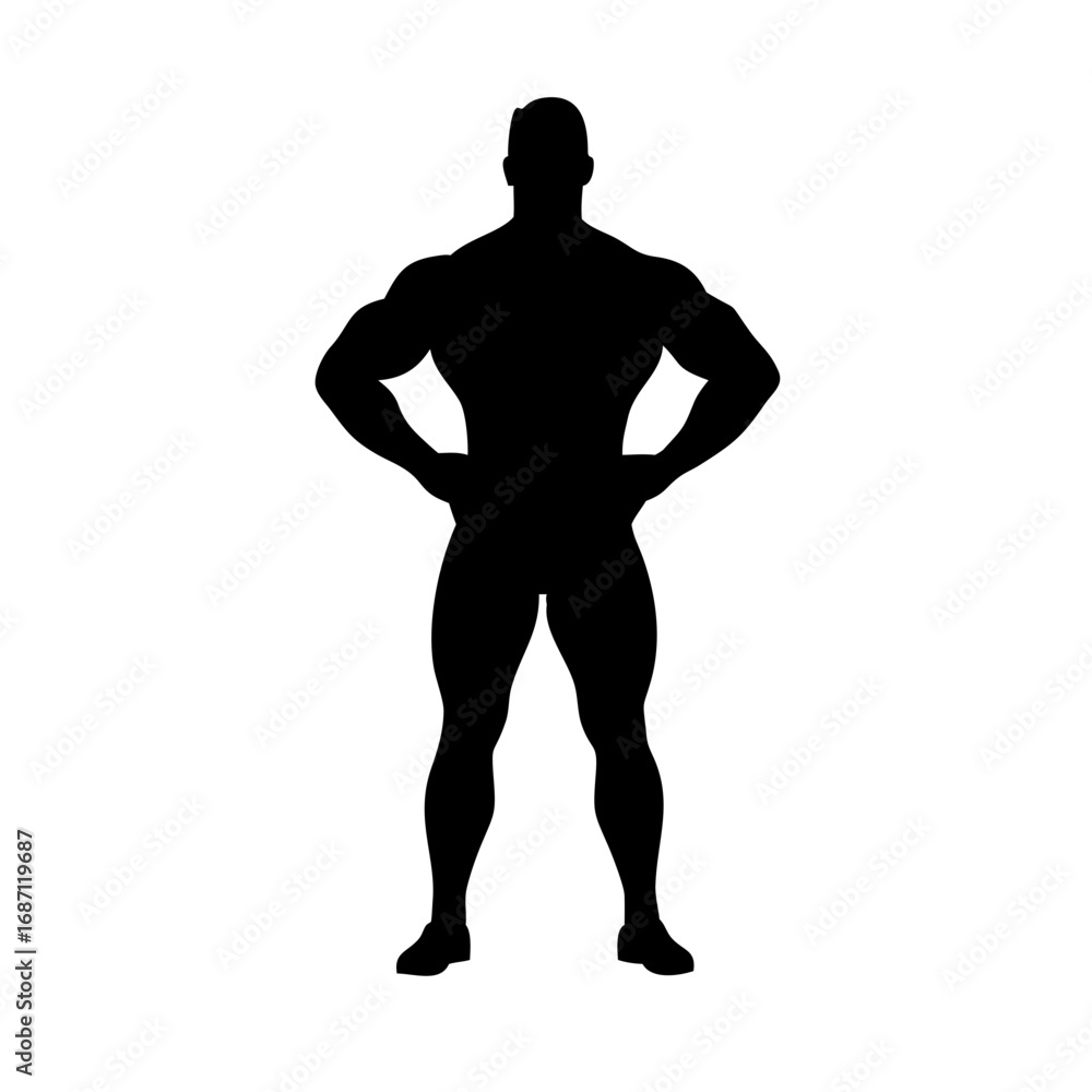 Naklejka premium Silhouette of muscular bodybuilder posing with hands on hips fitness and bodybuilding concept image