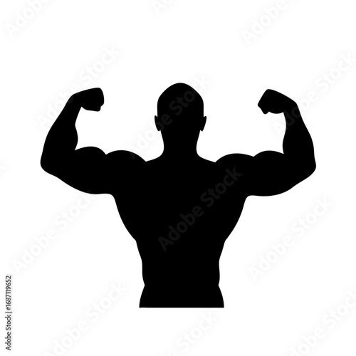 Silhouette of muscular man flexing biceps for fitness bodybuilding and weightlifting concept art