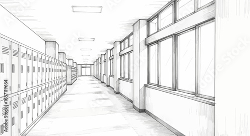 Detailed illustration of school hallway interior, showcasing lockers and windows