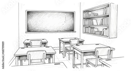 Detailed sketch of a classroom featuring desks, blackboard and a bookshelf