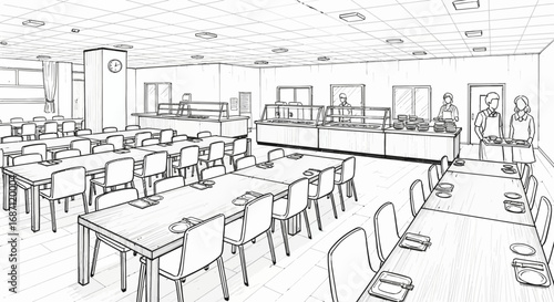 Detailed Sketch of a School Cafeteria or Dining Hall with Servers