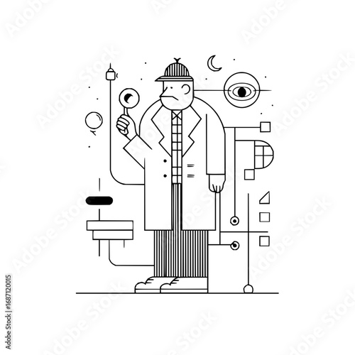 Detective illustration vector art featuring magnifying glass and hat in black and white line drawing style