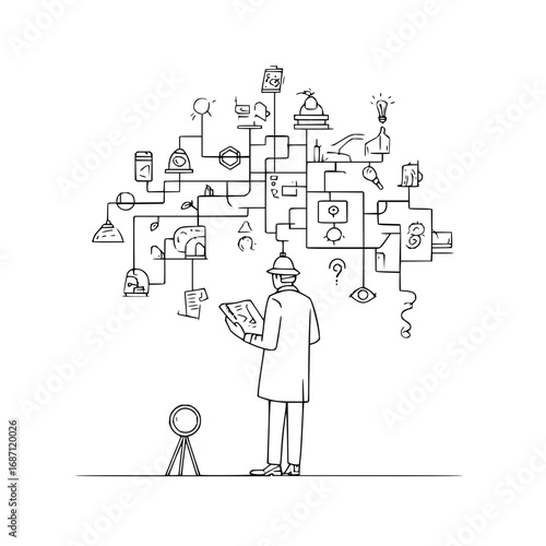 Detective solving complex case with mind map illustration in black and white line art style design