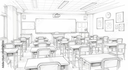 Detailed sketch of an empty classroom with desks and a whiteboard