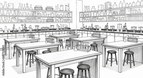 Detailed Sketch of a Science Laboratory with Equipment and Tables
