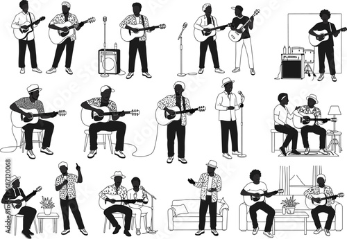 Silhouette guitarists, acoustic performance, live music, stage musician, duet singing, folk concert, microphone stand, home music session illustration