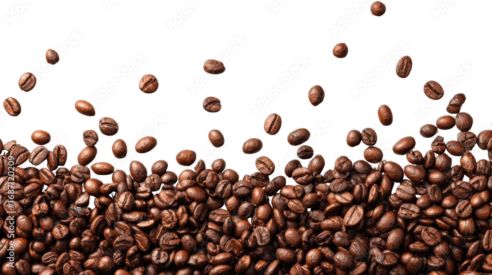 Obraz premium Coffee beans scattered on a white background, ready for brewing delicious beverages.